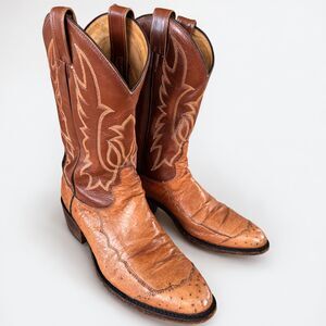Dan Post Men's Ostrich "Grit" Snip Toe Western Boots - Light Tan & Brown -9 EE